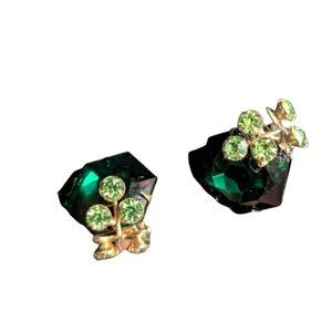 Vintage Emerald Green Crystal Clip-On Earrings With Shamrock Design Gold Tone